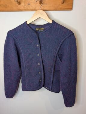 Vintage Geiger Womens 40 Austrian Wool Mohair Cardigan Navy Purple Silver Button
